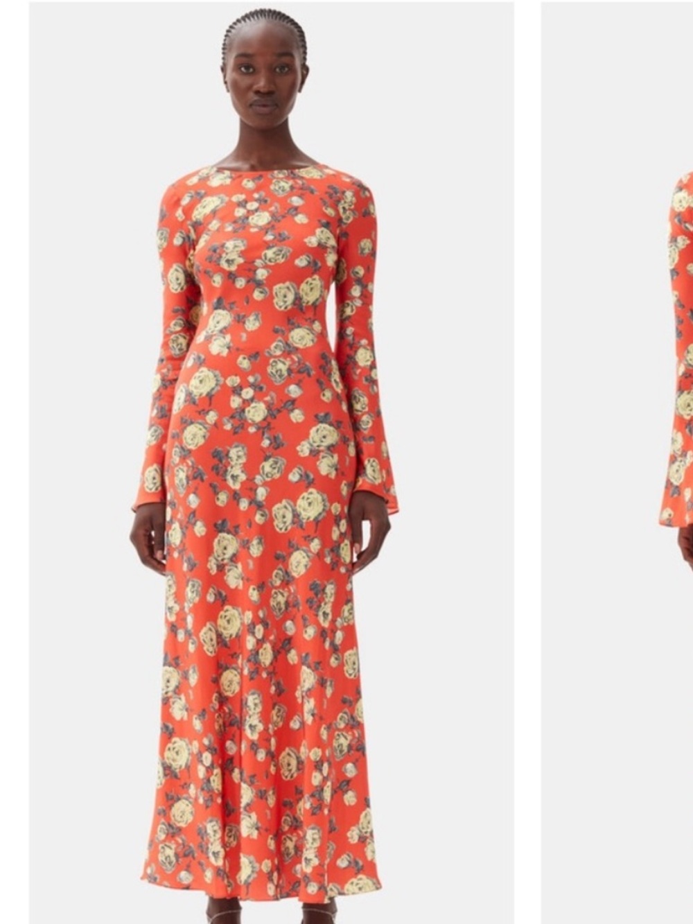 WORN ONCE Ganni Orange Floral Satin Long-Sleeve Maxi Dress